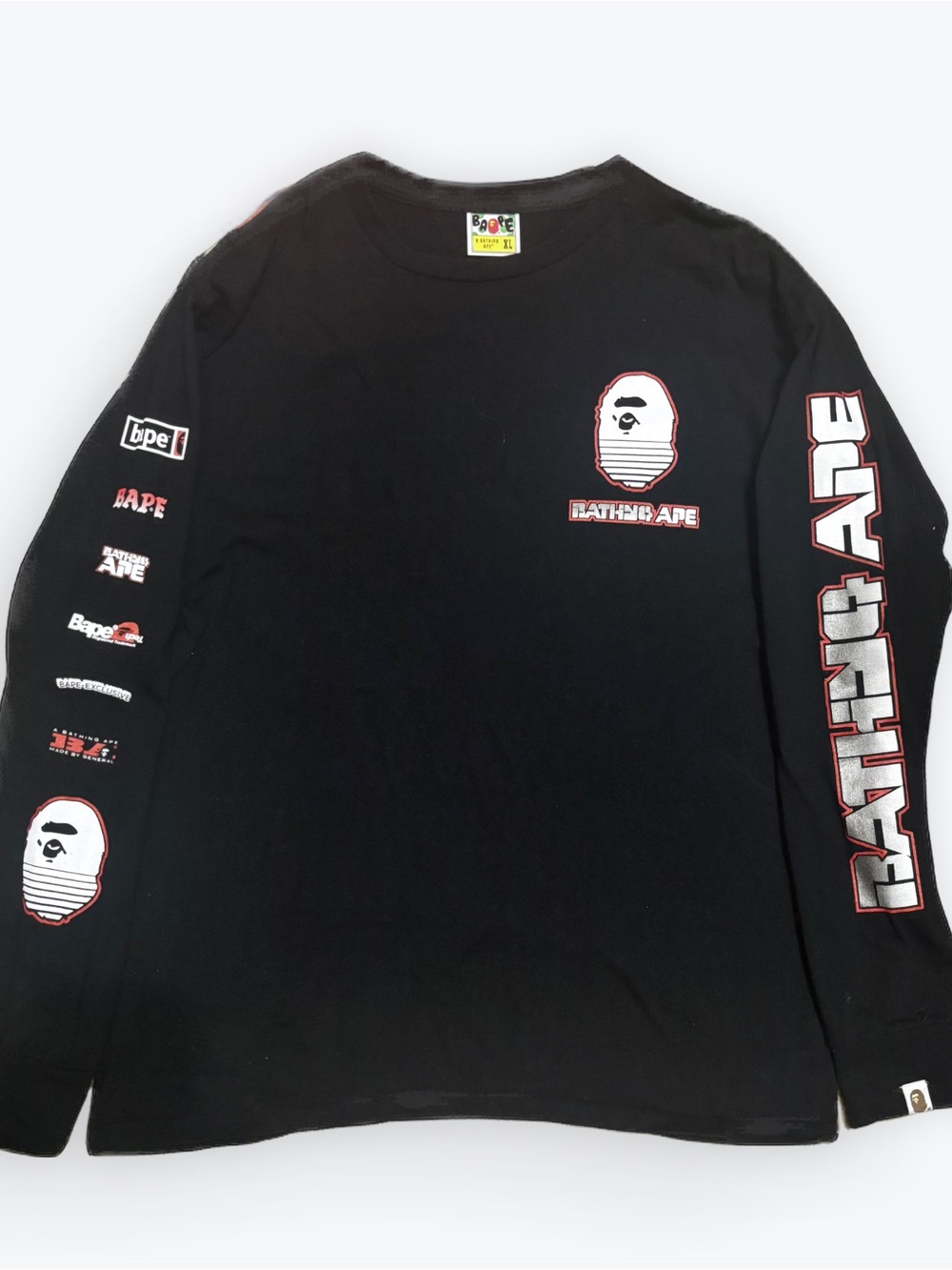 Bape Black Long Sleeve Logo Tee with White & Red Accents